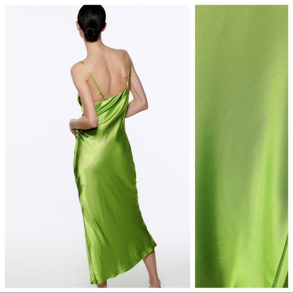 NWT. Zara Green Draped Lingerie-Style Flowy Mini Dress. Size S. - Picture 6 of 14